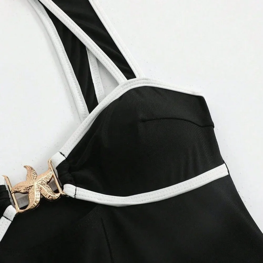 Black and White Sexy Women's Contrast Trim One-Piece Swimsuit with Beach Skirt